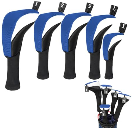 Juego de fundas para cabezas de golf, fundas para palos de golf de madera - 5 Piezas Fundas Protectoras Híbridas para Palos de Golf con Cuello Largo,Cubierta de cabeza híbrida de madera antideslizante