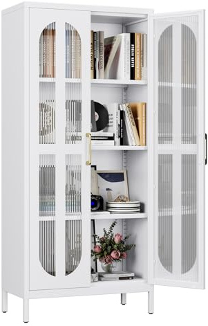 Aobabo Metal Storage Cabinet with 2 Glass Doors and 3 Adjustable Shelves - 155cm High White Kitchen Storage Cabinet, 4-Tier Tall Steel Display Cabinets for Kitchen, Living Room,Assembly Required