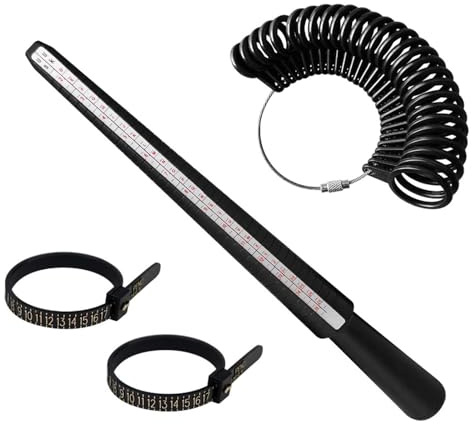 Rixotix Ring Sizing Tool Set: US UK Plastic Gauge with 2 Black Inch Measuring Strips and Black Ring Sizer for Measuring Rings Diameters, Finger Gauge,Jewellery Sizing(Color:Black)