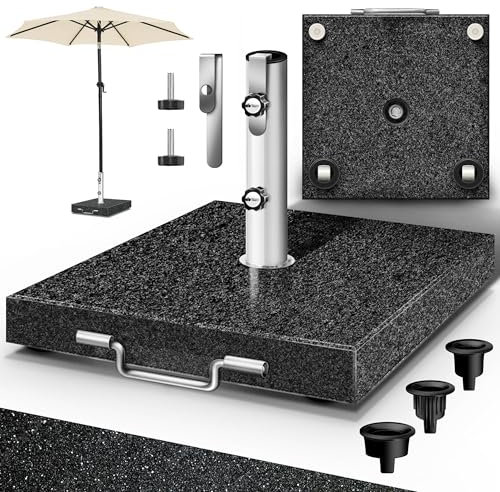 tillvex® Granit Sonnenschirmständer mit Rollen & Transportgriff 27 kg Eckig | Schirmständer Sonnenschirm mit Edelstahlrohr | Balkonschirmständer für Schirmstöcke 16-48 mm & 250 cm Schirmdurchmesser