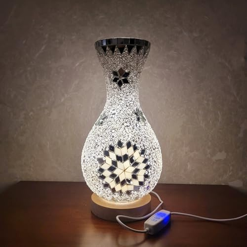 Maimeili Retro lámpara de jarrón en mosaico turco lámpara de mesa marroquí turco jarrón de vidrio hecho a mano colorido con base de madera para flores USB carga decoración luz para habitación