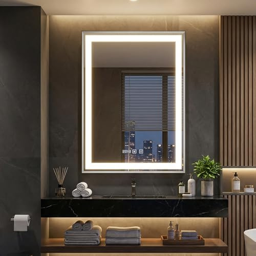 YOURLITE Badspiegel mit Beleuchtung 50x70,Badezimmerspiegel Led Badspiegel,UhrTouch-Schalter,Spiegel Bad mit Beleuchtung,3 Lichtfarben Dimmbar,Beschlagfrei,Wandspiegel,Speicherfunktion,Vertikal,Silber