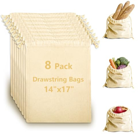 OKBA 8 Pack Cotton Muslin Drawstring Bags 14x17 Inch, Reusable Cloth Bags for DIY Tie-Dye Projects, Grocery & Produce, Shoes, Potatoes and Onions, Eco-Friendly & Washable
