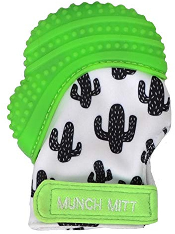 Malarkey Kids Munch Mitt Teething Mitten - The Original Mom-Invented Silicone Teether Mitten with Travel Bag – Ideal Teething Toys - Green Cactus