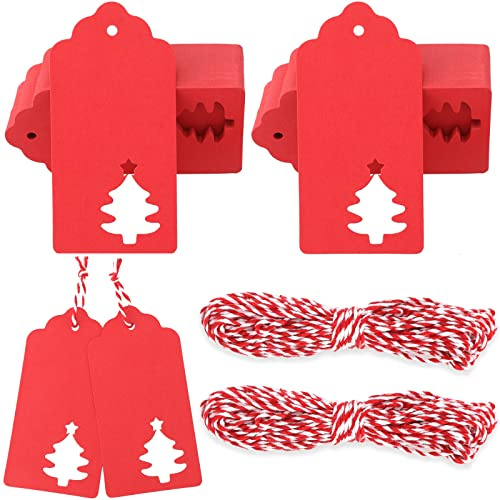 G2PLUS 100pcs Tag Regalo Etichette,Etichette Regalo,targhette Carta kraf, Etichette Artigianali con Corda di Natale Perfetta per Decorare L'Albero di Natale, Lavoro Fatto a Mano(Rosse)