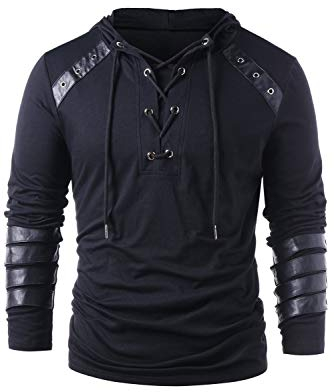 helymore Herren Kordelzug mit Kapuze, Steampunk, Gothic, Sweatshirt, Langarm, für Ritter, mittelalterlicher Pullover, Rüstung, Bandage Schwarz M