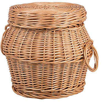 e-wicker24 Pouf de rangement, coffre en osier, panier pour la maison, panier rond avec couvercle en osier buff (Ø: 28 H32, Naturel)