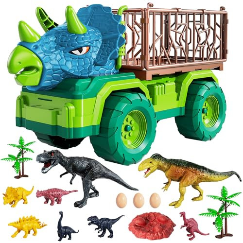 TEMI Dinosaurier-LKW-Spielzeug für Kinder von 3–5 Jahren, Triceratops-Transportauto-Transporter, mit 8 Dino-Figuren, Aktivitäts-Spielmatte, Capture Jurassic Dinosaur Play Set für Jungen und Mädchen