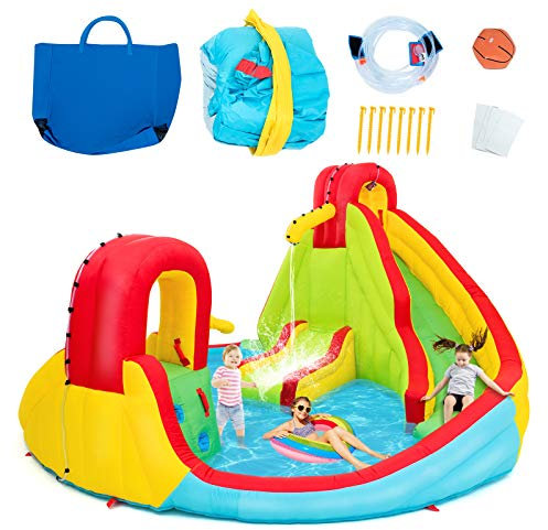 DREAMADE Château Gonflable pour 3 Enfant 3-10ans avec Deux Toboggans,Piscine Gonflable avec Panier de Basket-Ball,Toboggan Aquatique Extérieur,Mur d'escalade, 480 x 420 x 233 cm (sans Gonfleur)
