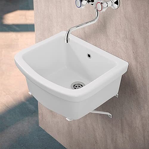 Pilozzo lavatoio ceramica 46x40, a parete bianco lucido, ideale per ambienti interni ed esterni (46 x 40 x 25 cm)