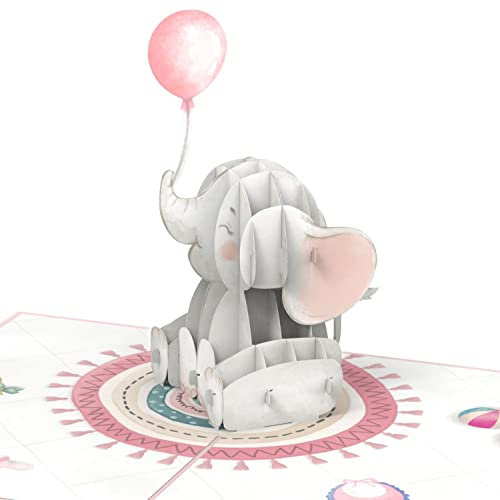 papercrush® Pop Up Karte Rosa Elefant - 3D Geburtskarte für Mädchen & Tochter, Glückwunsch zur Geburt, Glückwunschkarte für Baby, It's a Girl Karte zur Geburt für Geldgeschenk für Geburtsgeschenk