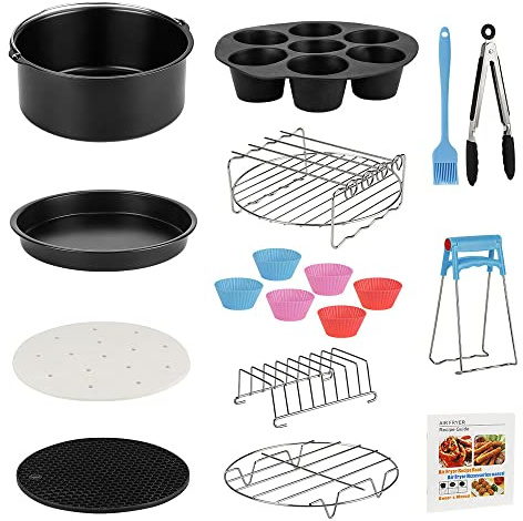 Air Fryer Accessories Set, 13pcs Air Fryer Accessory Kit for Most 3.8-5.5L Air Fryers with Recipes, Cake Pan, Pizza Pan, Stainless Steel Air Fryer Rack with 4 Skewers, Toast Rack, Egg Bites Mold etc.