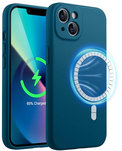 JETech Coque Silicone Magnétique pour iPhone 13 6,1 Pouces, Compatible avec MagSafe, Étui Housse au Protection Complète de l'Objectif de Caméra (Bleu Vert)