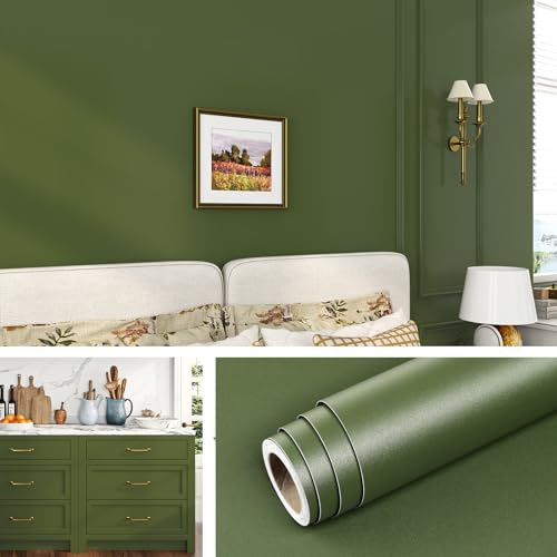 Livelynine Olive Green Wallpaper Stick on for Living Room Bathroom Wall 40CMx10M Waterproof Matt Green Kitchen Vinyl Wrap for Cupboards Sticky Back Plastic Plain Contact Paper Self Adhesive Roll