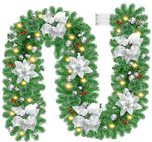 Guirnalda de Navidad, Tiazhan Garland Navidad de 2,7 m/9 pies, guirnalda artificial de abeto con luces led, decoración artificial de corona navideña para puertas, chimeneas, con iluminación