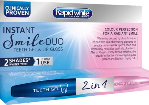Rapid White Instant Smile Duo Teeth Whitening Gel & Lip Gloss |2 Shades Whiter in 1 Use | Neutralises Teeth Discoloration | Suitable for Sensitive Teeth | Lip Gloss Protect Lips Drying Out