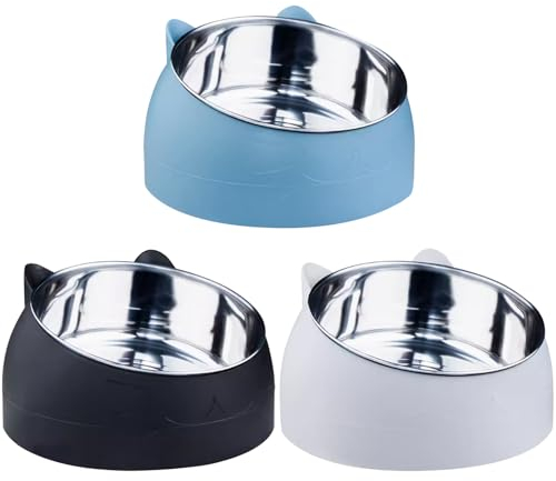 Katzennapf Edelstahl 3 Stück, 15° Geneigter Erhöhter Katzen Futternapf Set, 400ML Fressnapf Für Katze Hunde, Wasser Fütterung Schüssel Abnehmbarer Katzennäpfe