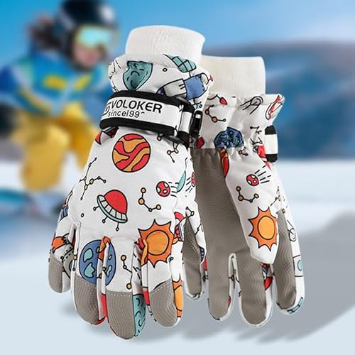 Gant de Neige pour Enfants Gant de Ski pour Enfants Gant Thermique Coupe-Vent d'hiver Mitaine de Sports de Plein air Antidérapante, aux Filles et Garçons de 3 à 12 Ans (Vaisseau Spatial Blanc, S)