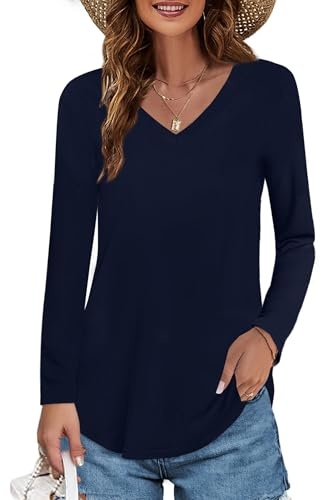 Elesomo T-shirts pour femme en coton à manches courtes/longues - Longshirt à col en V, M