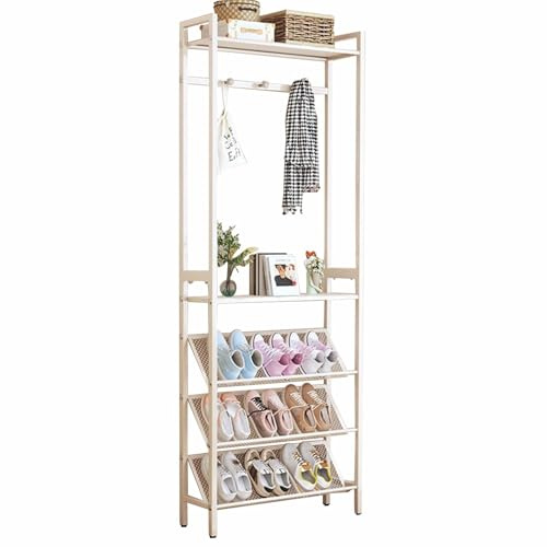 Yclty Skinny Coat and Shoe Rack, Narrow Space Saving Shoe Storage Rack, 2-in-1 Slim Freestanding Metal Coat Organizer Rack with Hooks for Entryway, Hallway, Foyer and Living Room(White,50x19x180cm)