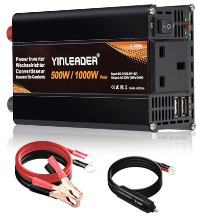 Yinleader Power Inverter 1000W DC 12V to 240V AC 1 UK Socket Dual USB Ports converter with Car Cigarette Lighter