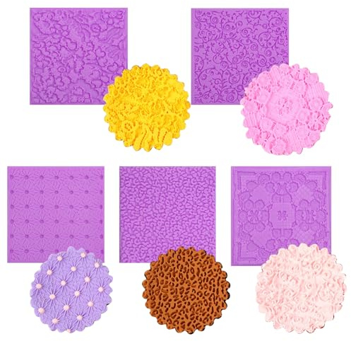 Silicone Texture Mats for Cake Decorating, Fondant Impression Mat, Cake Silicone Embossing Molds, Purple Lace Pattern for Cupcake Topper Clay Texture Stamp Birthday Set of 5