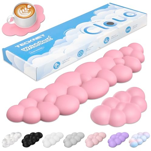 TECKNET Cloud Wrist Rest Keyboard Set, Memory Foam & PU Leather,Dark Pink | Cloud Keyboard Rest for Wrist Support and Arm Rest, Desk Cloud Wrist Pad for PC/Gaming/Hand Cushion/Computer