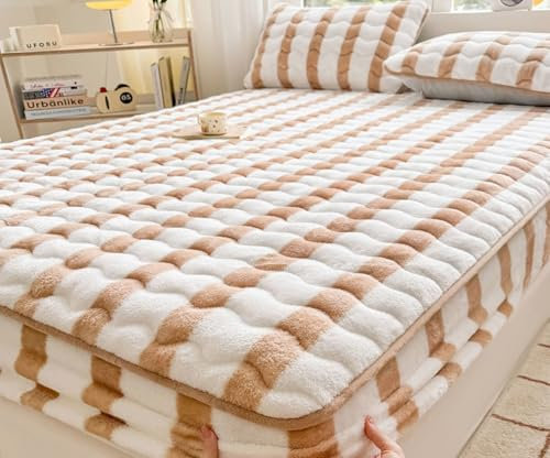 Mesnt Spannbettlaken Spannbetttuch, 180x200cm Streifenmuster Bettwaren Spannbettlaken aus Samt Weich und Knitterfrei, Khaki