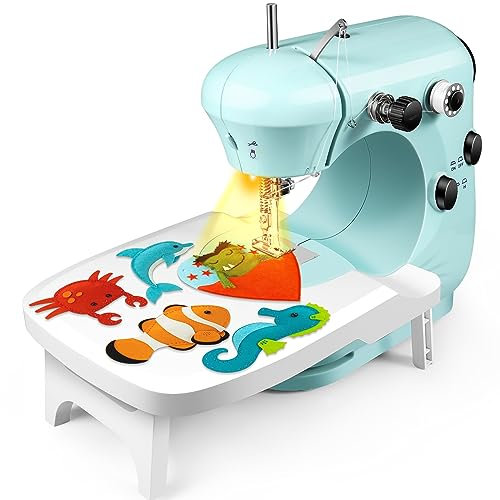 HomHou Mini-Nähmaschine mit eingebautem Nählicht, faltbarer Ausziehtisch, Geeignet für Anfänger und Kinder, Grün, ABS-Material