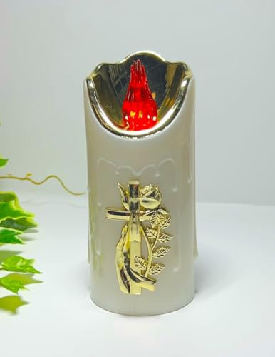 AURUM Bougie funéraire avec croix - 16 cm - Décoration funéraire - Bougies LED pour lampes funéraires - Effet 3D - Rouge - Fonctionnement à piles - Élégant et sûr