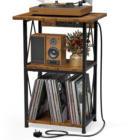 HFHOME 2025 Upgraded Extended Tabletop Record Player Stand with Charging Station, 3 Tier End Table with Vinyl Record Storage, Turntable Stand for Vinyl Player in Living Room Bedroom
