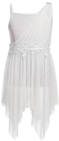 ODASDO Girls Lyrical Dance Dress Kids Morden Contemporary Dancewear Girl's Ballet Ballerina Outfit Princess One Shoulder Spaghetti Straps Asymmetric Handkerchief Mesh Tulle Dresses White 5-6 Years
