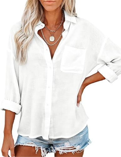 Womens Button Down Shirts with Pockets Long Sleeve Linen Feel Cotton Casual Blouses Loose Fit Summer Tops White