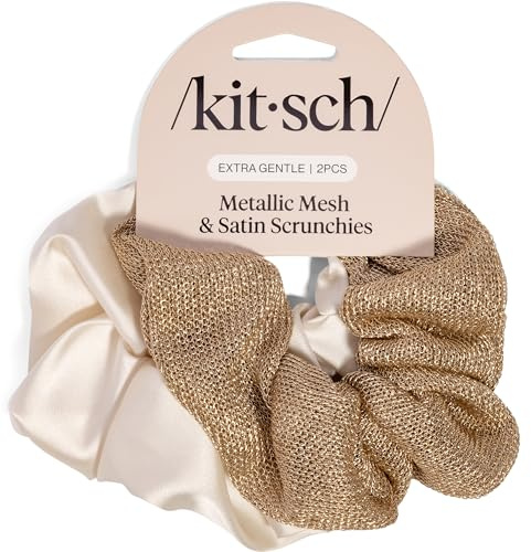 Kitsch Metallic Mesh & Satin Scrunchies For Women - Cream & Gold, 2pcs | Recycled Fabric Hair Ties for Secure Hold, Comfortable Wear – Softer Than Silk Scrunchies For All Hair Types