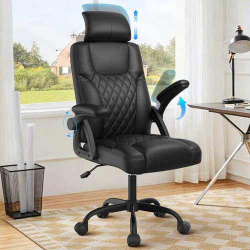 YONISEE Office Chair, Ergonomic Desk Chair with Padded Flip-up Armrests Adjustable Headrest High Back Swivel Chair Computer Chair For Home Office Study Working