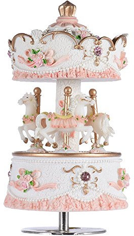 Carousel Music Boxes for Girls, 3-Horse Rotating Windup Color Change LED Lights Melody Castle in The Sky Musical Gift for Daughter Birthday Christmas Festival Music Box Artware (Luxury Pink)