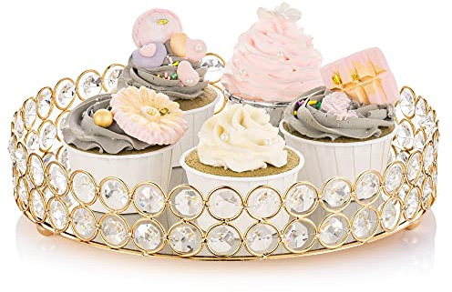 Nuptio Bandeja Decorativa de 25cm de Diámetro Bandeja de Tocador de Cristal con Espejo, Bandeja Decorativa Adornada para Perfume, Joyería, Velas y Maquillaje