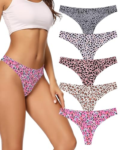 voenxe Seamless Thongs for Women No Show Thong Underwear Women 5-10 Pack (G-5 Pack Leopard Print, XX-Large)