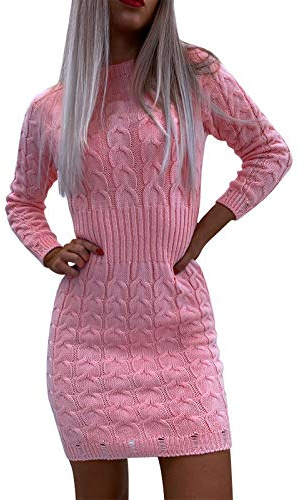 IQYU Stickad klänning med flätmönster, stickade klänningar, höst, knälång vinterklänning, elegant bodycon, tröjklänning, varm omlottklänning, tajt tröjklänning, långärmad tröjklänning vinter, stickade tunikaklänningar, ROSA, S