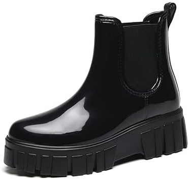 SWZEC Bottes De Pluie Femme Caoutchouc Botte Imperméables Chelsea Wellington Antidérapant Jardin Chaussures Wellies Plateforme Bottines 36-41 (39,Noir)