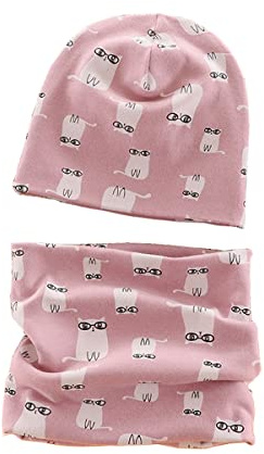 MAKFORT Cotton Newborn Baby Winter Hat and Scarf Set for 1-7 Years Newborn Baby Beanie Hat Kids Tube Cotton Loop Scarfs Pink
