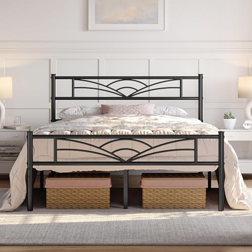 Yaheetech 5ft King Metal Bed Frame with Cloud-inspired Design, Black | 150 x 200 cm, 363kg weight capacity, headboard and metal slats, 32cm under-bed storage, no box spring needed, easy assembly