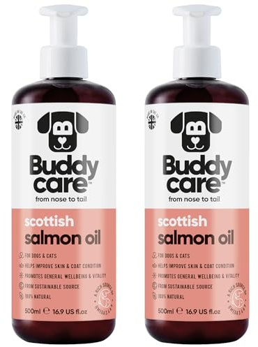 Aceite de Salmón Premium Buddycare para Perros UK (500ml x2) | Suplemento Esencial de Omega 3, 6 y 9 para Gatos y Perros | Omega 3 Natural para Gatos
