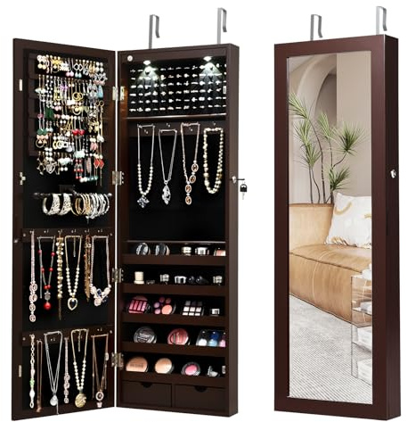 COSTWAY LED Lights Jewelry Cabinet, Door Hanging/Wall Mounted Jewelry Armoire with Full Length Mirror, Lockable Makeup Cosmetics Jewellery Organiser Storage Unit Gift for Bedroom Dressing Room (Brown)