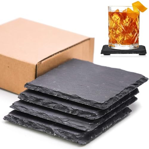 LATERN 4 Pezzi Sottobicchieri per Bevande in Ardesia, 10CM Piazza Pietra Nera Vuoto Incisobile Sottobicchieri in Ardesia con Fondo Antigraffio per Bere Caffè Sbarra Cucina Casa Arredamento