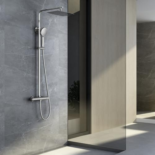 IMEX - Columna Ducha Termostatica con Grifo | Conjunto de Ducha con Alcachofa y Rociador Antical Efecto Lluvia | Griferia en Latón y Acero Inox S.304 con Barra Extensible | Serie Praga | Color Cromado