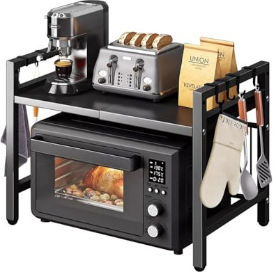 UBRAVOO Verstellbarer Mikrowellenofen-Einsatz mit Haken, 100 kg Tragkraft, platzsparendes Küchenregal mit Aufbewahrungsorganizer (Schwarz)
