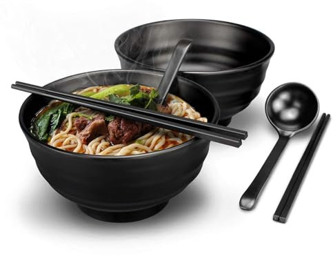 Unbreakable Ramen Cereal Bowls, 35 oz Large Bowl Sets of 2, 1300ml Japanese Ceramic Noodle Bowls (with Spoons, Chopsticks Kits), Plastic Salad Bowl, Non-Microwave Oven Bowls for Kitchen and Home