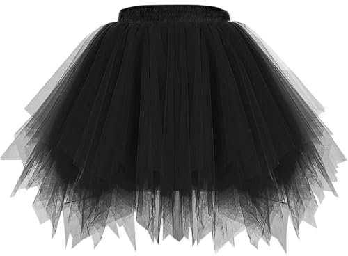 Tüllrock Damen Tütü Rock, Tüllrock Karneval Tütü Damen, 50Er Ballett Unterrock Elastische Hohe Taille Ballettrock Petticoat Tanzkleidung Karneval Kostüm, Minirock Tüll Ballett Tanzkleid Tutu(Balck)
