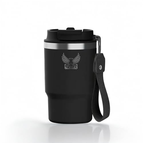 KorJay Termosmugg – kaffemugg to go med integrerat sugrör, läckagesäker – termosmugg 500 ml och 360 ml, håller din termosmugg kaffe to go 4h varm och kall 8h, kaffekopp, svart